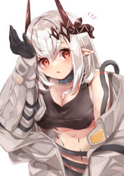Rule 34 | 1girl, :o, ^^^, arknights, bare shoulders, black gloves, blush, breasts, cleavage, collar, cowboy shot, earrings, gloves, hand up, horns, infection monitor (arknights), jewelry, large breasts, long sleeves, looking at viewer, material growth, mudrock (arknights), navel, no panties, notice lines, off shoulder, open clothes, open mouth, oripathy lesion (arknights), pointy ears, red eyes, simple background, solo, sports bra, sweat, tsuyuki yuki, white background