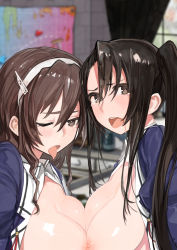 Rule 34 | 10s, 2girls, absurdres, ashigara (kancolle), bad id, bad pixiv id, black eyes, black hair, blush, breast press, breasts, brown hair, hairband, highres, kantai collection, kylin, large breasts, long hair, multiple girls, nachi (kancolle), nipples, one eye closed, open clothes, side ponytail, sidelocks, symmetrical docking, tears, tongue, tongue out, uniform