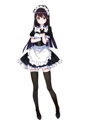 Rule 34 | 1girl, absurdres, apron, black dress, black footwear, black hair, black thighhighs, brown eyes, closed mouth, dress, frilled apron, frilled sleeves, frills, full body, gloves, hand on own chin, hand up, highres, iiiroha, legs apart, light smile, long hair, looking at viewer, maid, maid headdress, original, puffy short sleeves, puffy sleeves, shoes, short sleeves, simple background, solo, standing, straight hair, thighhighs, waist apron, white background, white gloves, zettai ryouiki