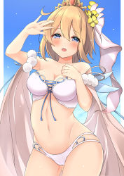 Rule 34 | 1girl, arm up, bare arms, bare shoulders, bikini, blonde hair, blue eyes, blush, breasts, cameltoe, cleavage, collarbone, commentary request, europa (granblue fantasy), europa (summer) (granblue fantasy), flower, gluteal fold, granblue fantasy, groin, hair between eyes, hair flower, hair ornament, hand up, hekomii, long hair, looking at viewer, medium breasts, navel, open mouth, solo, swimsuit, tiara, very long hair, white bikini, yellow flower