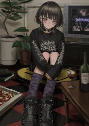 Rule 34 | 1girl, absurdres, black choker, black footwear, black shirt, blouse, blush, book, boots, bottle, choker, closed mouth, cross, ear piercing, earrings, food, gishiki (gshk), glass, head tilt, highres, hugging own legs, jewelry, latin cross, leg warmers, long sleeves, looking at viewer, miniskirt, original, piercing, pink eyes, pizza, pizza box, pizza slice, plant, potted plant, profanity, shirt, sitting, skirt, sleeves past wrists, smiley face, solo, television, wine bottle