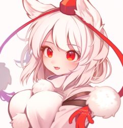 Rule 34 | 1girl, animal ears, blush, breasts, chikuwa savy, commentary, fang, hat, highres, inubashiri momiji, looking at viewer, open mouth, pom pom (clothes), red eyes, red hat, shirt, short hair, simple background, skin fang, solo, symbol-only commentary, tokin hat, touhou, upper body, white background, white shirt, wolf ears, wolf girl