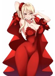Rule 34 | 1girl, alternate costume, arm up, bare shoulders, blonde hair, breasts, brown eyes, cleavage, collarbone, covered navel, dress, fairy tail, flower, hair flower, hair ornament, highres, jewelry, jmoart214, large breasts, long hair, lucy heartfilia, red dress, red flower, ring, short sleeves, simple background, smile, solo, tight clothes, tight dress, white background, wide hips