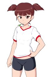 Rule 34 | 1girl, adjusting shirt, bike shorts, black shorts, brown eyes, brown hair, commentary request, cosplay, cowboy shot, girls und panzer, gym shirt, gym uniform, hair tie, hand on own hip, highres, isobe noriko, isobe noriko (cosplay), light smile, looking at viewer, mikko (girls und panzer), mouth hold, shirt, short hair, short shorts, short sleeves, short twintails, shorts, simple background, solo, standing, tanaka rikimaru, twintails, wheat, white background, white shirt
