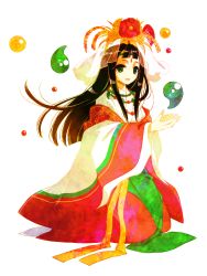Rule 34 | 1girl, brown hair, green eyes, hair ornament, japanese clothes, kimono, kushinada (p&amp;d), long hair, puzzle &amp; dragons