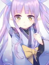 Rule 34 | 1girl, blue kimono, blush, bow, brown eyes, closed mouth, commentary request, gucchiann, hair ribbon, highres, japanese clothes, kimono, kyoka (princess connect!), long sleeves, pointy ears, princess connect!, purple hair, purple ribbon, ribbon, see-through, sidelocks, smile, solo, split mouth, twintails, upper body, waist bow, wide sleeves, yellow bow
