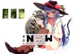 Rule 34 | 1girl, ass, bare arms, bare shoulders, black footwear, black headwear, blue hair, blue skirt, blush, bra, breasts, brown pantyhose, cat tail, clothes pull, unworn clothes, collarbone, commentary request, feet out of frame, food, fruit, hinanawi tenshi, kemonomimi mode, knees up, large breasts, leaf, long hair, pantyhose, pantyhose pull, peach, red eyes, shoes, sidelocks, simple background, sitting, skirt, solo, strap slip, tail, tetsurou (fe+), thick thighs, thighs, touhou, underwear, very long hair, white background, white bra