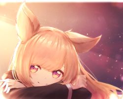 Rule 34 | 1girl, absurdres, animal ears, black shirt, blonde hair, closed mouth, commentary request, crossed arms, fox ears, highres, long hair, long sleeves, looking at viewer, original, purple eyes, reizouko, shirt, smile, solo, upper body