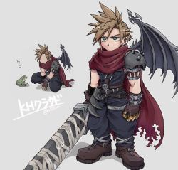 Rule 34 | 1boy, als8za, armor, baggy pants, bandages, blonde hair, blue pants, blue shirt, boots, brown footwear, buster sword, cape, character name, clawed gauntlets, cloud strife, demon wings, earrings, final fantasy, final fantasy vii, frog, full body, grey background, grey eyes, holding, holding sword, holding weapon, jewelry, kingdom hearts, kneeling, male focus, multiple views, official alternate costume, pants, red cape, shirt, short hair, shoulder armor, single earring, single wing, spiked hair, standing, sword, toned, toned male, twitter username, weapon, wings