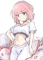 Rule 34 | 1girl, absurdres, alchemy stars, alternate costume, black choker, breasts, casual, choker, collarbone, commentary, cowboy shot, crop top, english commentary, esrac, hand on own hip, highres, hiiro (alchemy stars), looking at viewer, medium breasts, midriff, navel, pants, pink hair, purple eyes, shirt, short hair, short sleeves, simple background, solo, standing, stomach, white background, white pants, white shirt