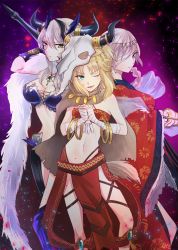 Rule 34 | &gt;:), 3girls, alternate costume, animal skull, artoria pendragon (all), artoria pendragon (fate), artoria pendragon (lancer alter) (fate), artoria pendragon (lancer alter) (ox-demon king) (fate), bandage over one eye, bandages, bandeau, bangle, bare shoulders, blonde hair, boots, bracelet, braid, breasts, cape, cleavage, confetti, cowboy shot, dancer, fang, fate/apocrypha, fate/grand order, fate (series), florence nightingale (divine princess of the storm) (fate), florence nightingale (fate), frilled sleeves, frills, fur trim, green eyes, hair ornament, hand fan, horns, japanese clothes, jewelry, kimono, knee boots, large breasts, long hair, long sleeves, looking at viewer, mask, midriff, mordred (fate), mordred (fate/apocrypha), mordred (true samadhi fire) (fate), multiple girls, navel, necklace, omizu (omz), own hands together, pelvic curtain, pink eyes, saber (fate), saber alter, shawl, silver hair, single braid, skull mask, small breasts, stomach, v-shaped eyebrows, vambraces, wide sleeves, yellow eyes