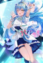 Rule 34 | 1girl, absurdres, ahoge, blue eyes, blue hair, blue shorts, blush, boots, flower, hair flower, hair ornament, heart, heart ahoge, highres, holding, holding microphone, hololive, hololive idol uniform, hololive idol uniform (bright), idol clothes, legband, long hair, looking at viewer, matsumoto yuu, microphone, one eye closed, open mouth, pointy ears, shirt, shorts, skirt, smile, solid eyes, stage lights, standing, standing on one leg, virtual youtuber, white shirt, white skirt, yukihana lamy