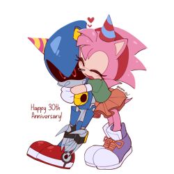 Rule 34 | 1girl, amy rose, animal ears, anniversary, artist name, fake animal ears, full body, furry, furry female, glowing, glowing eyes, green shirt, hairband, hat, headband, heart, hedgehog, hedgehog ears, hedgehog girl, hedgehog tail, highres, hug, kumo zd, mechanical arms, mechanical legs, metal sonic, non-humanoid robot, open mouth, orange skirt, party hat, pink fur, red headband, robot, robot animal, robot ears, shirt, shoes, skirt, sonic (series), sonic cd, sonic the hedgehog (classic), tail