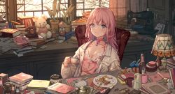 Rule 34 | 1girl, blue eyes, closed mouth, cup, highres, holding, holding cup, indoors, jacket, lamp, long hair, long sleeves, looking at viewer, original, pink hair, plant, potted plant, sewing machine, sitting, smile, solo, stuffed animal, stuffed rabbit, stuffed toy, white jacket, window, yutsumoe