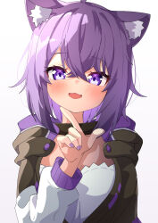 Rule 34 | 1girl, :d, absurdres, ahoge, ame., animal ear fluff, animal ears, black jacket, blush, breasts, cat ears, cat girl, commentary request, fang, hair between eyes, hand up, highres, hololive, index finger raised, jacket, long sleeves, looking at viewer, medium breasts, nail polish, nekomata okayu, open mouth, puffy long sleeves, puffy sleeves, purple eyes, purple hair, purple nails, shirt, simple background, smile, solo, upper body, virtual youtuber, white background, white shirt