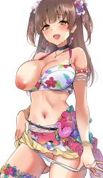 Rule 34 | 1girl, bare shoulders, bikini, blush, breasts, brown hair, collarbone, idoly pride, large breasts, long hair, looking at viewer, navel, open mouth, plum (arch), smile, solo, suzumura yuu, swimsuit, thighs