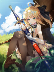 Rule 34 | 1girl, absurdres, ahoge, artoria pendragon (all), artoria pendragon (fate), bare shoulders, black pantyhose, black ribbon, blonde hair, closed mouth, cloud, commentary request, dappled sunlight, detached collar, dot nose, dress, fate/grand order, fate (series), full body, gloves, grass, green eyes, hair ornament, highres, holding, holding sword, holding weapon, knees together feet apart, leaning back, long hair, no shoes, outdoors, pantyhose, ribbon, rosu 1109, saber (fate), saber lily, shadow, sitting, sky, smile, solo, split mouth, sunlight, sword, toes, tree, weapon, white dress, white gloves