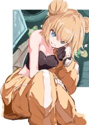 Rule 34 | 1girl, bandeau, black bandeau, blonde hair, blue eyes, breasts, cleavage, coat, unworn coat, commentary, double bun, english commentary, feet out of frame, floating, gloves, hair between eyes, hair bun, harutimu, highres, hololive, hololive english, investigator (amelia watson), jumpsuit, jumpsuit pull, medium breasts, midriff peek, mole, mole on breast, plant, porthole, potted plant, single bare shoulder, sky, smile, star (sky), star (symbol), starry sky, swept bangs, twitter username, virtual youtuber, watson amelia, watson amelia (astronaut), yellow jumpsuit