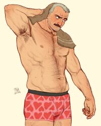 Rule 34 | 1boy, aaron (o natsuo88), armpit hair, armpits, bara, beard stubble, boxer briefs, chest hair, drying, facial hair, grey hair, hairy, highres, male focus, male underwear, mature male, muscular, muscular male, mustache, navel, navel hair, nipples, o natsuo88, old, old man, original, pectorals, presenting armpit, print male underwear, raised eyebrows, short hair, solo, stubble, thick eyebrows, thick mustache, thick thighs, thighs, topless male, towel, towel on head, underwear, underwear only, veins, wet