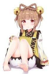 Rule 34 | 1girl, :o, bell, blunt bangs, blush, bow, brown hair, child, commentary request, dress, feet, genshin impact, hair ornament, hand on own knee, highres, long sleeves, looking at viewer, medium hair, on ground, puffy sleeves, red bow, red eyes, short shorts, shorts, sidelocks, simple background, sitting, soles, toes, tutsucha illust, two side up, white background, white shorts, yaoyao (genshin impact), yellow dress