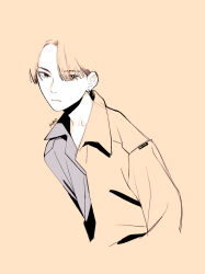 Rule 34 | 1boy, :|, arm at side, black eyes, blending, brown background, brown hair, brown jacket, closed mouth, collarbone, collared jacket, earrings, expressionless, forehead, grey shirt, hair behind ear, jacket, jewelry, kuro (kuroda asuka), leaning forward, looking at viewer, male focus, open clothes, open jacket, original, parted bangs, shirt, signature, simple background, solo, upper body