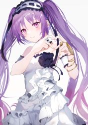 Rule 34 | 1girl, absurdres, dress, fate/grand order, fate (series), frilled hairband, frills, fukiya (fumiakitoyama), hairband, heart, heart hands, highres, jewelry, long hair, purple eyes, purple hair, smile, stheno (fate), symbol-shaped pupils, twintails, white dress