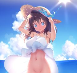 Rule 34 | 1girl, arms up, bare shoulders, beach, blue eyes, blue sky, blush, breasts, brown hair, closed mouth, cloud, collarbone, day, dress, embarrassed, empty eyes, groin, hat, hat ribbon, highres, kazuma (kazumav), large breasts, long hair, looking at viewer, navel, no bra, no panties, ocean, original, out-of-frame censoring, outdoors, ribbon, sky, sleeveless, sleeveless dress, solo, stomach, straw hat, sundress, underboob, white dress, wide-eyed, wind, wind lift