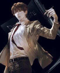 Rule 34 | 1boy, belt, black background, brown eyes, brown hair, cowboy shot, dark background, death note, death note (object), highres, holding, holding pen, male focus, necktie, pants, pen, red necktie, serious, shirt, short hair, simple background, solo, vlfdus 0, wing collar, yagami light
