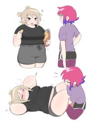 Rule 34 | 2girls, ?, absurdres, alternate body size, black eyes, blonde hair, breasts, clenched teeth, closed eyes, cropped legs, dot nose, fat, highres, medium breasts, medium hair, multiple girls, multiple views, nimo (b45ui), open mouth, pink hair, plump, puff of air, roxanne richter, scott pilgrim (series), scott pilgrim takes off, short hair, short twintails, sidelocks, simple background, small breasts, smile, teeth, thick arms, thick thighs, thighs, twintails, white background