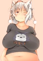 Rule 34 | 1girl, ;), alternate costume, animal ear fluff, animal ears, belly, blush, breasts, breasts apart, casual, clothes writing, collarbone, commentary, contemporary, doyagao, english text, covered erect nipples, fang, fang out, hat, highres, huge breasts, inubashiri momiji, looking at viewer, midriff, navel, no bra, one eye closed, plump, red eyes, sagging breasts, shirt, shishi juuroku, short hair, smile, smug, solo, t-shirt, thick eyebrows, tokin hat, touhou, undersized clothes, white hair, wolf, wolf ears