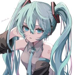 Rule 34 | 1girl, bare shoulders, between breasts, black sleeves, blue eyes, blue hair, blue necktie, breasts, collared shirt, detached sleeves, frilled shirt, frills, grey shirt, hair between eyes, hair ornament, hand in own hair, hand up, hatsune miku, headset, highres, long hair, long sleeves, looking at viewer, medium breasts, microphone, naguno-0713, necktie, necktie between breasts, number tattoo, open mouth, shirt, sidelocks, simple background, sleeveless, sleeveless shirt, solo, tattoo, tie clip, twintails, twitter username, upper body, very long hair, vocaloid, white background