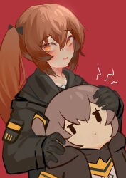 2girls absurdres black_gloves black_jacket black_ribbon brown_eyes brown_hair carrying carrying_person chibi chibi_inset commentary girls&#039;_frontline gloves hair_between_eyes hair_ornament hair_ribbon highres jacket jitome long_hair long_sleeves looking_at_viewer multiple_girls open_mouth papaba red_background ribbon scar scar_across_eye scar_on_face side_ponytail simple_background smile twintails ump45_(girls&#039;_frontline) ump9_(girls&#039;_frontline) very_long_hair