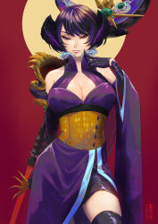 Rule 34 | 1girl, absurdres, au ra, black gloves, black mage (final fantasy), black thighhighs, breasts, cleavage, commission, detached sleeves, dragon horns, dragon tail, dress, final fantasy, final fantasy xiv, finger to cheek, gloves, highres, holding, holding staff, horns, large breasts, looking at viewer, purple dress, purple hair, red eyes, scales, short hair, smile, solo, staff, stellarstatelogic, tail, thighhighs, two-tone background