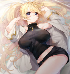 Rule 34 | 1girl, absurdres, ahoge, arms up, bandaid, bandaid on face, bed, bed sheet, black shorts, blonde hair, blue eyes, blush, breasts, crop top, cross, expressionless, granblue fantasy, highres, jacket, large breasts, long hair, looking at viewer, lying, midriff, monika weisswind, on back, on bed, open clothes, open jacket, short shorts, shorts, solo, tai (e3d1p), thighs, twintails, twisted torso, wavy hair, white jacket