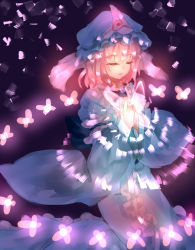 Rule 34 | 1girl, bug, butterfly, closed eyes, danmaku, energy, frilled kimono, frills, glowing, glowing butterfly, gradient background, hat, insect, japanese clothes, kimono, light, long sleeves, mob cap, nagare, obi, open mouth, own hands together, pink hair, purple background, saigyouji yuyuko, sash, short hair, solo, touhou, triangular headpiece, veil, wide sleeves