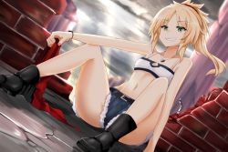 Rule 34 | 1girl, arm support, belt, black footwear, blonde hair, blurry, blurry background, boots, fate/apocrypha, fate (series), flat chest, jewelry, long hair, looking at viewer, minato yoshihiro, mordred (fate), mordred (fate/apocrypha), mordred (memories at trifas) (fate), necklace, ponytail, shorts, sitting, sleeveless, smile, solo, spread legs, teeth, wall