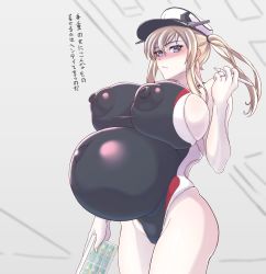 Rule 34 | 1girl, big belly, blonde hair, blush, breasts, competition swimsuit, covered erect nipples, cowboy shot, curvy, from below, graf zeppelin (kancolle), hair over shoulder, hat, highres, huge breasts, japanese text, jewelry, kantai collection, large areolae, large nipples, long hair, looking at viewer, looking down, one-piece swimsuit, outie navel, peaked cap, pregnant, puffy areolae, puffy nipples, purple eyes, ring, shiny clothes, shiny skin, sidelocks, solo, standing, stylus, swimsuit, tablet pc, thick thighs, thighs, twintails, umauma (trggercross), wedding band, wide hips