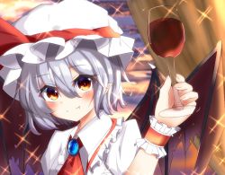 Rule 34 | 1girl, bat wings, blue hair, blush, cup, drinking glass, fang, hat, meuneyu, pointy ears, red eyes, remilia scarlet, short hair, smile, solo, touhou, wine glass, wings, wrist cuffs