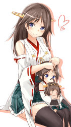 Rule 34 | 10s, 2girls, :3, adjusting hair, alternate hair length, alternate hairstyle, bare shoulders, black legwear, blue eyes, blush, boots, breasts, brown hair, character doll, chibi, commentary request, detached sleeves, hugging doll, hairband, headgear, heart, hiei (kancolle), highres, if they mated, japanese clothes, kantai collection, kongou (kancolle), large breasts, long hair, looking at viewer, miniskirt, mother and daughter, multiple girls, no legwear, nontraditional miko, hugging object, plaid, plaid skirt, pleated skirt, revision, ribbon-trimmed sleeves, ribbon trim, saku (kudrove), short hair, simple background, sitting, skirt, smile, thigh boots, thighhighs, white background, aged down, zettai ryouiki