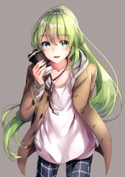 Rule 34 | 1boy, :d, arm behind back, black pants, blush, brown coat, casual, coat, collarbone, cowboy shot, cup, disposable cup, enkidu (fate), fate/strange fake, fate (series), glint, green eyes, green hair, grey background, hane yuki, highres, holding, holding cup, long hair, long sleeves, male focus, open clothes, open coat, open mouth, pants, shirt, simple background, smile, standing, trap, unbuttoned, very long hair, white shirt