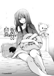 Rule 34 | 1girl, bare legs, bed, greyscale, highres, izumi (toubun kata), lips, long hair, looking at viewer, mieruko-chan, monochrome, hugging object, off shoulder, parted lips, pillow, pillow hug, short sleeves, sitting, solo, stuffed animal, stuffed toy, teddy bear, twitter username, yotsuya miko