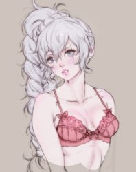 Rule 34 | 1girl, blue eyes, bra, braid, breasts, collarbone, commentary, english commentary, kuon (kwonchanji), lingerie, lips, long braid, long hair, looking at viewer, red bra, rwby, scar, scar across eye, scar on face, side ponytail, single braid, small breasts, solo, underwear, underwear only, weiss schnee, white hair