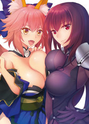 Rule 34 | 10s, 2girls, animal ear fluff, animal ears, ass, bad id, bad pixiv id, bare shoulders, bodysuit, breast press, breasts, cleavage, detached sleeves, fang, fate/extra, fate/extra ccc, fate/grand order, fate (series), fox ears, hair ribbon, hand on own hip, japanese clothes, large breasts, long hair, looking at viewer, multiple girls, nichiru, off shoulder, open mouth, orange eyes, pink hair, purple bodysuit, purple eyes, purple hair, ribbon, scathach (fate), smile, symmetrical docking, tamamo (fate), tamamo no mae (fate/extra), type-moon, upper body, very long hair