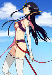 Rule 34 | 10s, 1girl, bare shoulders, black hair, blue eyes, breasts, chikuwa udon, cloud, cloudy sky, cross ange, day, detached sleeves, forehead jewel, hime cut, long hair, looking at viewer, medium breasts, nipples, no bra, no panties, pussy, ribs, robot ears, sala (cross ange), salamandinay, sideboob, sky, smile, solo, tail, thighhighs, uncensored, underboob, white thighhighs