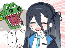 Rule 34 | 1girl, absurdres, aris (blue archive), black hair, black hairband, blue archive, blue necktie, closed eyes, collared shirt, crocodile dentist, crocodilian, hair between eyes, hairband, highres, inakamononanoka, jacket, long hair, long hair between eyes, necktie, one side up, open mouth, shirt, speech bubble, toy, white shirt