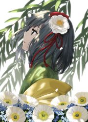 Rule 34 | 1girl, black eyes, black hair, commentary request, flower, from side, hair flower, hair ornament, hieda no akyuu, highres, japanese clothes, kimono, looking away, medium hair, plant, solo, suna (s73d), touhou, upper body
