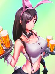 Rule 34 | 1girl, alcohol, animal ears, beer, bow, bowtie, breasts, brown hair, buttons, cleavage, collar, cup, drinking glass, fake animal ears, fake tail, final fantasy, final fantasy vii, green background, highres, large breasts, long hair, low-tied long hair, midriff, navel, parted lips, purple eyes, rabbit ears, rabbit tail, shirt, simple background, skirt, square enix, suspender skirt, suspenders, tail, tifa lockhart, tray, ura dora, waitress, white collar, white shirt