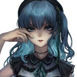 Rule 34 | 1girl, aqua nails, aqua neckwear, aqua ribbon, beret, black hat, blue eyes, blue hair, choker, commentary request, dress, drop earrings, earrings, eyebrows hidden by hair, frilled shirt collar, frills, hair between eyes, hand on own face, hand up, hat, highres, hololive, hoshimachi suisei, hoshimachi suisei (streetwear), jewelry, kyogoku-uru, light smile, lips, long hair, looking at viewer, nail polish, one side up, parted lips, ribbon, short sleeves, simple background, solo, upper body, virtual youtuber, white background, white dress