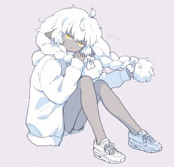 Rule 34 | 1girl, ahoge, animal ears, bare legs, bow, braid, closed mouth, colored skin, dot mouth, full body, grey skin, hair bow, hands up, holding own hair, hood, hood down, hoodie, horizontal pupils, jitome, knees up, long hair, long sleeves, looking at viewer, looking to the side, low twin braids, low twintails, open clothes, open hoodie, original, sheep ears, sheep girl, shoes, short shorts, shorts, simple background, sneakers, solo, terayamaden, twin braids, twintails, twitter username, white bow, white footwear, white hair, white hoodie, yellow eyes