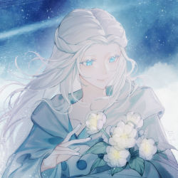 Rule 34 | 1girl, artist name, blue background, blue eyes, braid, chinese commentary, collarbone, commentary request, final fantasy, final fantasy xiv, flower, grey robe, half updo, hand up, holding, holding flower, hood, hood down, hooded robe, long hair, mask, no.9 yualuodesi mimitongxinzhong, parted hair, robe, signature, single braid, smile, solo, unworn mask, upper body, venat (ff14), white flower, white hair